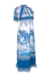 Current Boutique-Farm - White & Blue Scenic Palm Tree Print Cotton Maxi Dress Sz S