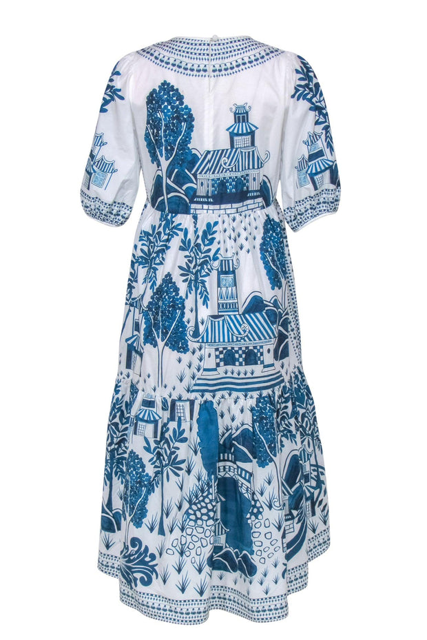 Current Boutique-Farm - White & Blue Scenic Print Tiered "Ancient Garden" Midi Dress Sz S