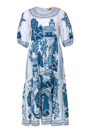 Current Boutique-Farm - White & Blue Scenic Print Tiered "Ancient Garden" Midi Dress Sz S