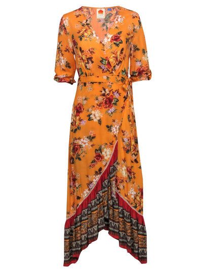 Current Boutique-Farm for Anthropologie - Orange Floral & Bohemian Print Wrap Maxi Dress Sz XS