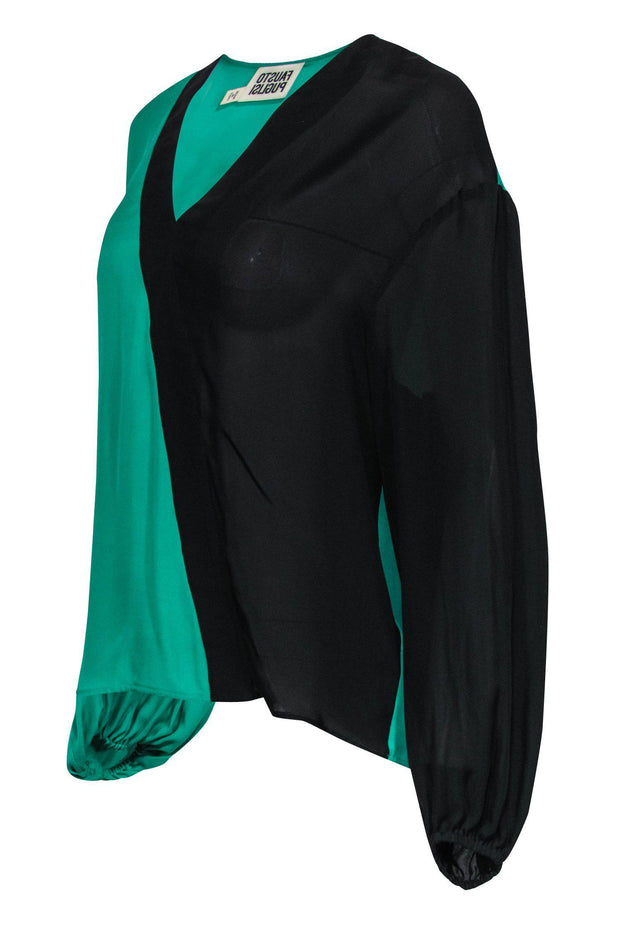 Current Boutique-Fausto Puglisi - Green & Black Asymmetrical Silk Blouse w/ Elastic Cuffs Sz S