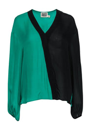 Current Boutique-Fausto Puglisi - Green & Black Asymmetrical Silk Blouse w/ Elastic Cuffs Sz S