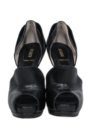 Current Boutique-Fendi - Black Leather Peep Toe Platform Stilettos w/ Textured Trim Sz 8