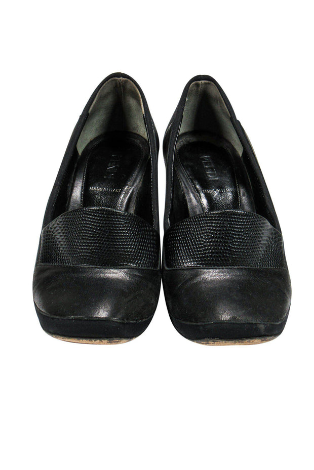 Current Boutique-Fendi - Black Loafer-Style Pumps w/ Studded Heel Sz 6