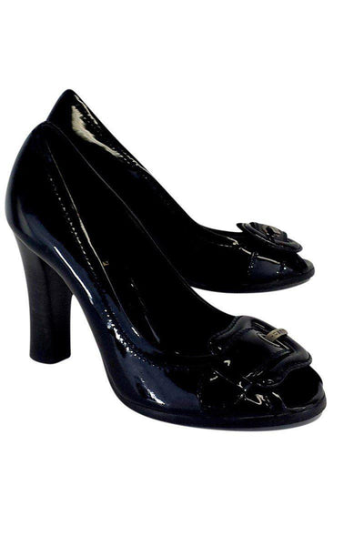 Current Boutique-Fendi - Black Patent Leather Buckle Peep Toe Pumps Sz 6.5