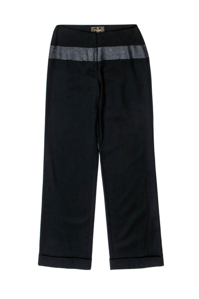 Current Boutique-Fendi - Black Straight Leg Cuffed Trousers w/ Sparkly Stripe Sz 8