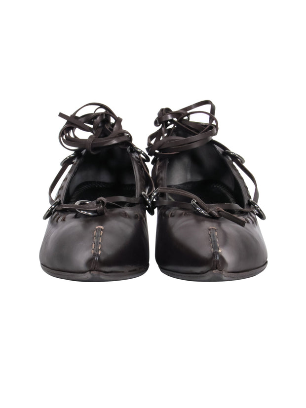 Current Boutique-Fendi – Brown Leather Lace Up Pointy Toe Kitten Heels Sz 7.5