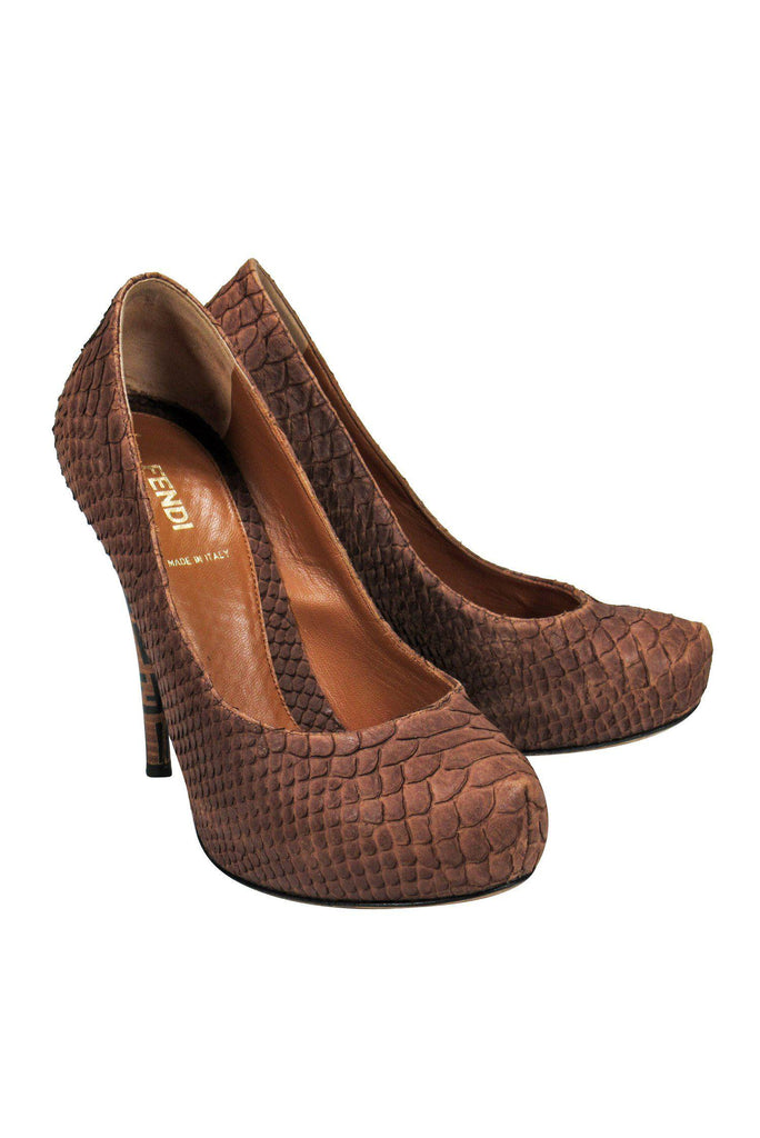 Fendi Brown Snakeskin Platform Pumps w Monogram Heels Sz 6.5