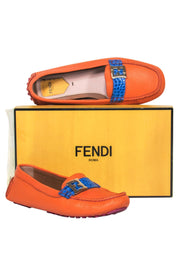 Current Boutique-Fendi - Orange Pebbled Leather Loafers w/ Blue Crocodile Strap Sz 10.5
