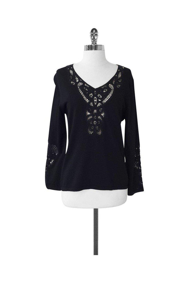 Current Boutique-Feraud - Black Knit Top w/ Crochet Neckline Sz L