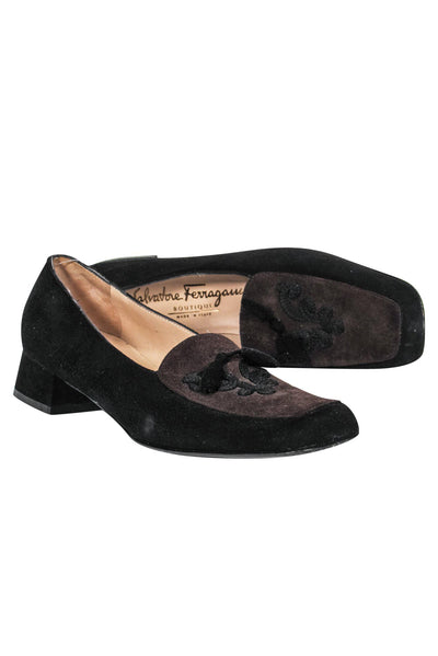 Current Boutique-Ferragamo - Black & Brown Suede Loafers Sz 6.5