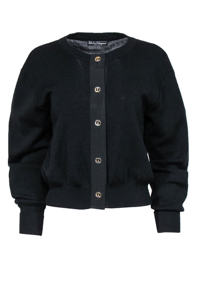Current Boutique-Ferragamo - Black Cropped Knit Cardigan w/ Golden Buttons Sz L