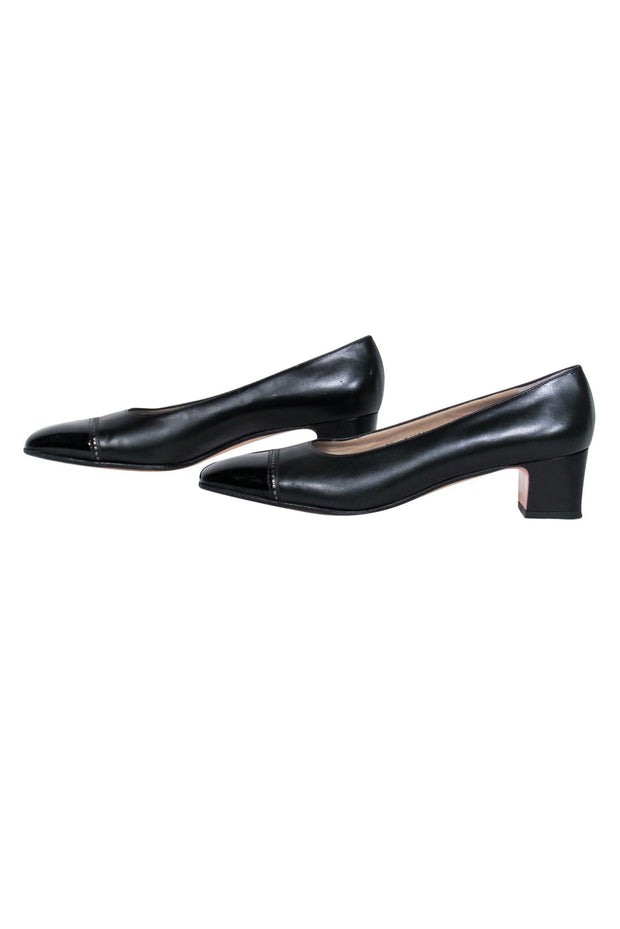 Current Boutique-Ferragamo - Black Leather Block Heel Pumps w/ Patent Leather Cap Toe Sz 7.5