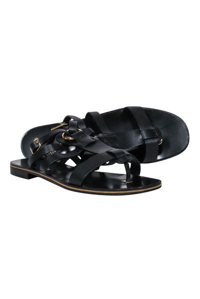 Current Boutique-Ferragamo - Black Leather Caged Sandals w/ Gold Hardware Sz 8