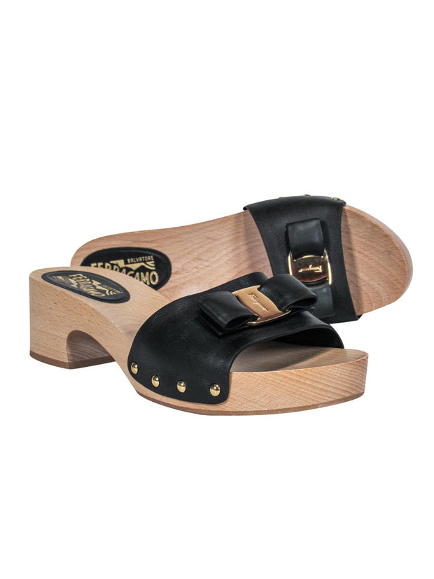 Current Boutique-Ferragamo - Black Leather Clog-Style Slide Sandals Sz 9