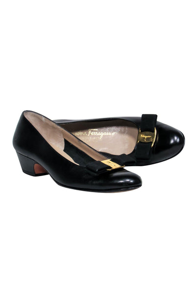 Current Boutique-Ferragamo - Black Leather Ribbon Bow Block Heels Sz 7.5