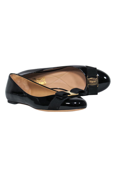 Current Boutique-Ferragamo - Black Patent Leather Flats w/ Ribbon Bow Sz 8