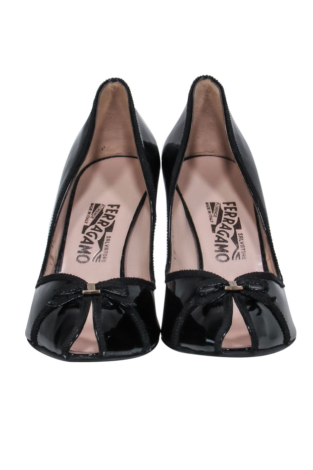Current Boutique-Ferragamo - Black Patent Leather Peep Toe Cork Wedges w/ Bow Sz 10