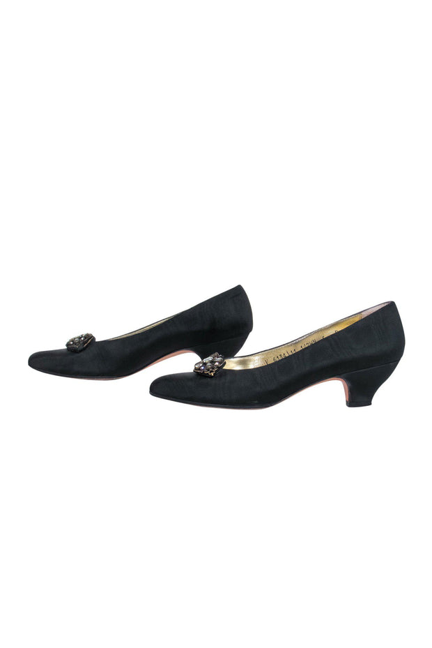 Current Boutique-Ferragamo - Black Satin Kitten Heels w/ Jeweled Applique Sz 6