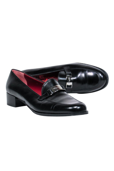 Current Boutique-Ferragamo - Black Smooth Leather Block Heel Loafer Sz 10.5