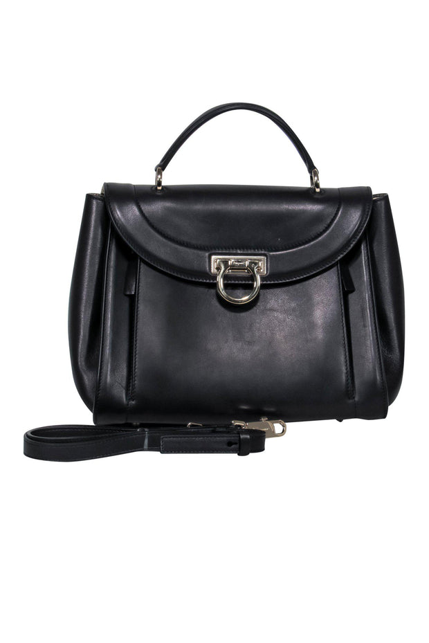 Current Boutique-Ferragamo - Black Smooth Leather "Sofia Rainbow" Convertible Satchel