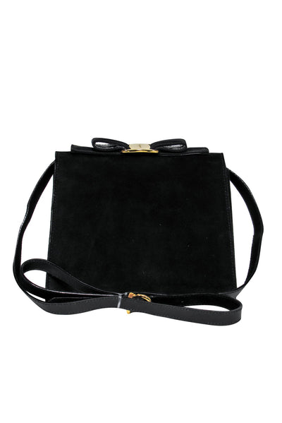 Current Boutique-Ferragamo - Black Suede Flap Crossbody w/ Bow Detail