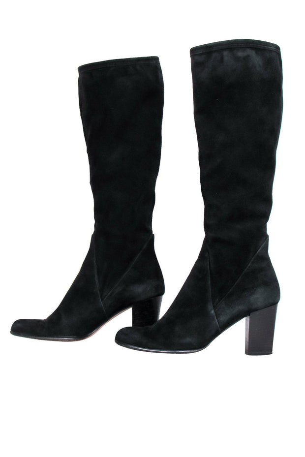 Current Boutique-Ferragamo - Black Suede Knee High Heeled Boots Sz 7