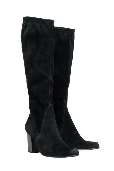 Current Boutique-Ferragamo - Black Suede Knee High Heeled Boots Sz 7