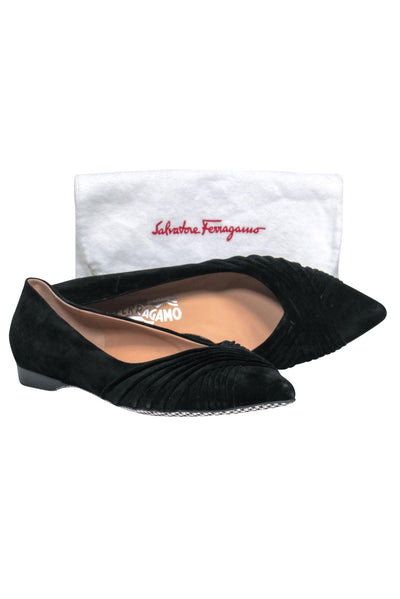 Current Boutique-Ferragamo - Black Suede Pointed Toe Flats w/ Houndstooth Print Sole Sz 10