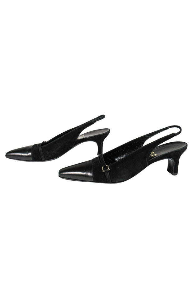 Current Boutique-Ferragamo - Black Suede Pointed Toe Slingback Heels Sz 7.5