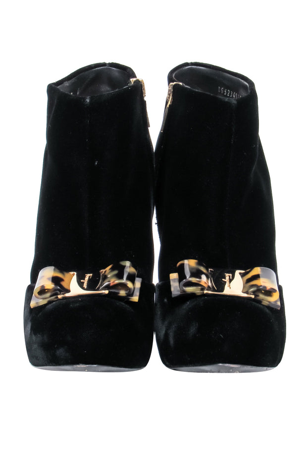 Current Boutique-Ferragamo – Black Suede Stiletto Heel w/ Tortoise Bow Booties Sz 7.5