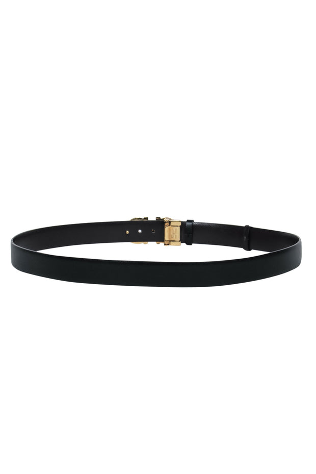 Current Boutique-Ferragamo - Black Textured Leather Belt w/ Golden Link Buckle