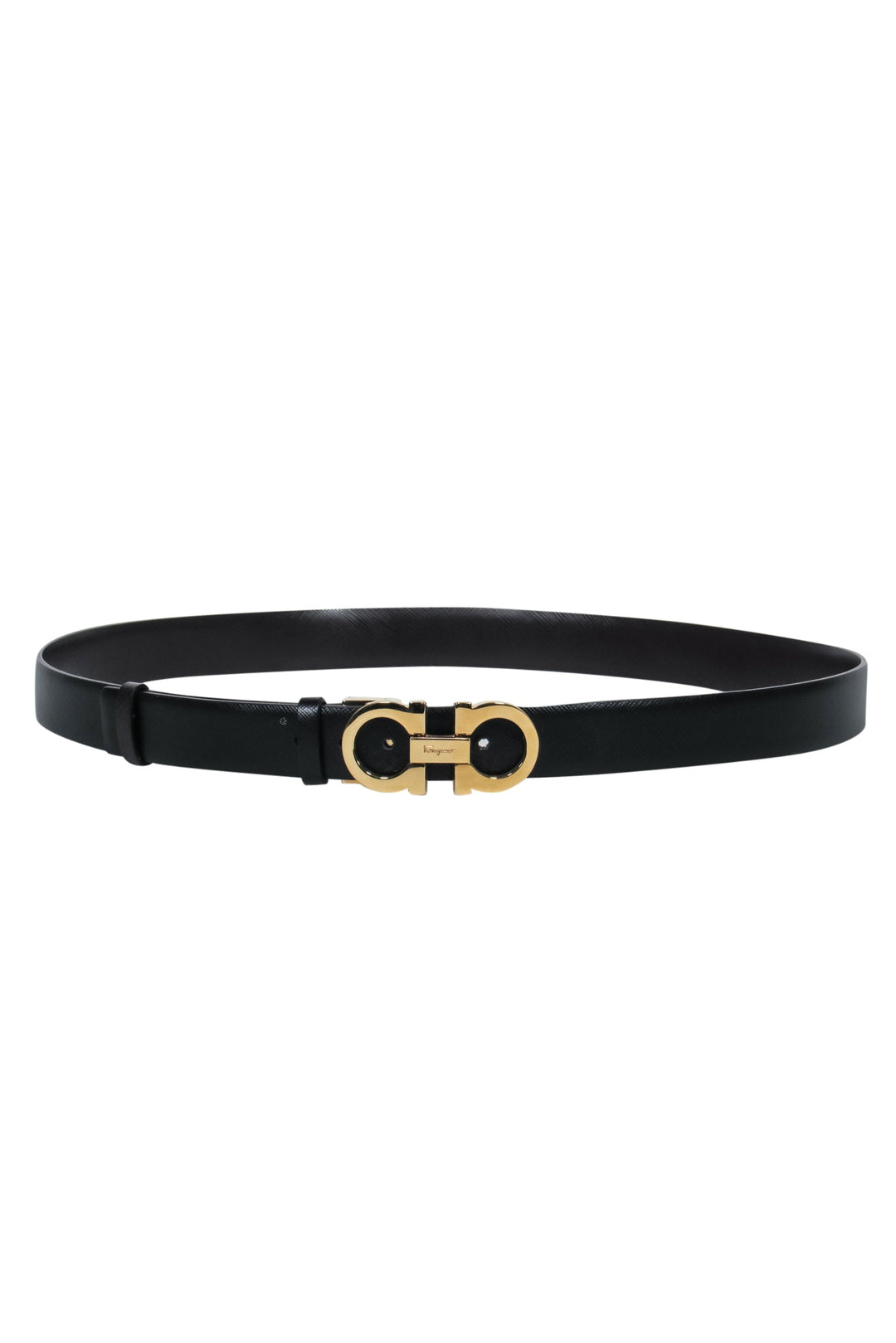 Ferragamo - Black Textured Leather Belt w/ Golden Link Buckle – Current  Boutique