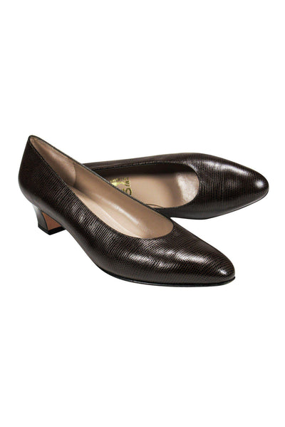 Current Boutique-Ferragamo - Brown Textured Leather Kitten Heels Sz 9.5