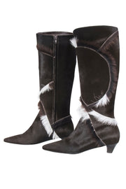 Current Boutique-Ferragamo - Brown & White Calf Hair Knee High Heeled Boots Sz 7