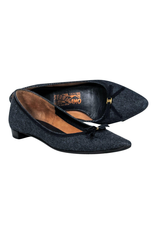 Current Boutique-Ferragamo - Chambray Pointed Toe Flats w/ Bow Sz 6