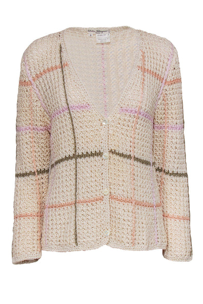 Current Boutique-Ferragamo - Cream & Multicolored Windowpane Open Knit Button-Up Cardigan Sz 6