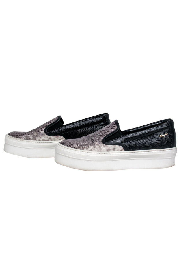 Current Boutique-Ferragamo - Grey & Black Snakeskin Print Textured Platform Slip On Sneakers Sz 9.5