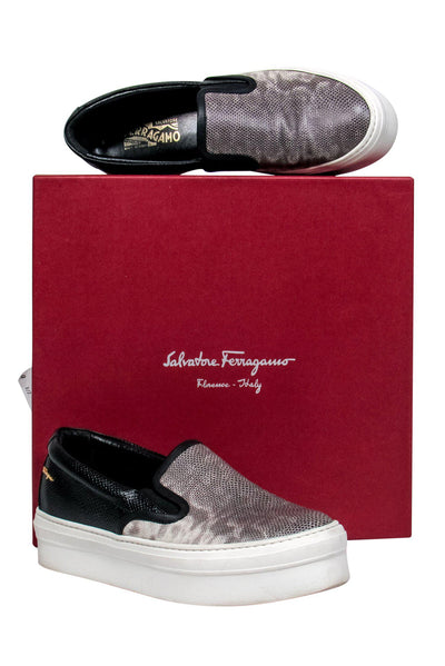 Current Boutique-Ferragamo - Grey & Black Snakeskin Print Textured Platform Slip On Sneakers Sz 9.5