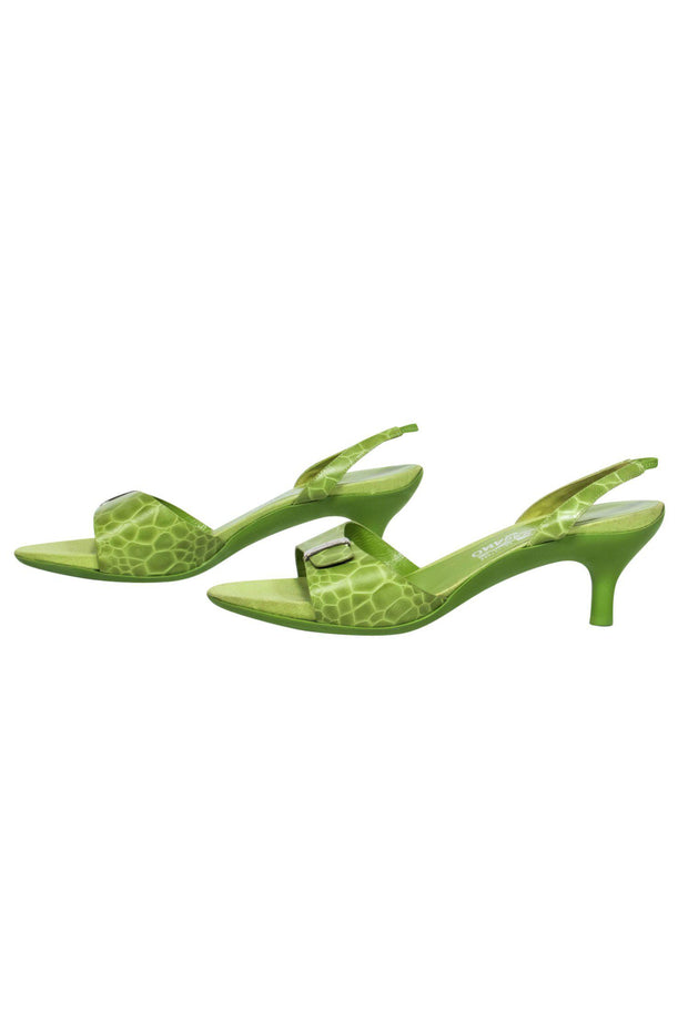 Current Boutique-Ferragamo - Light Green Reptile Embossed Slingback Kitten Heels Sz 11