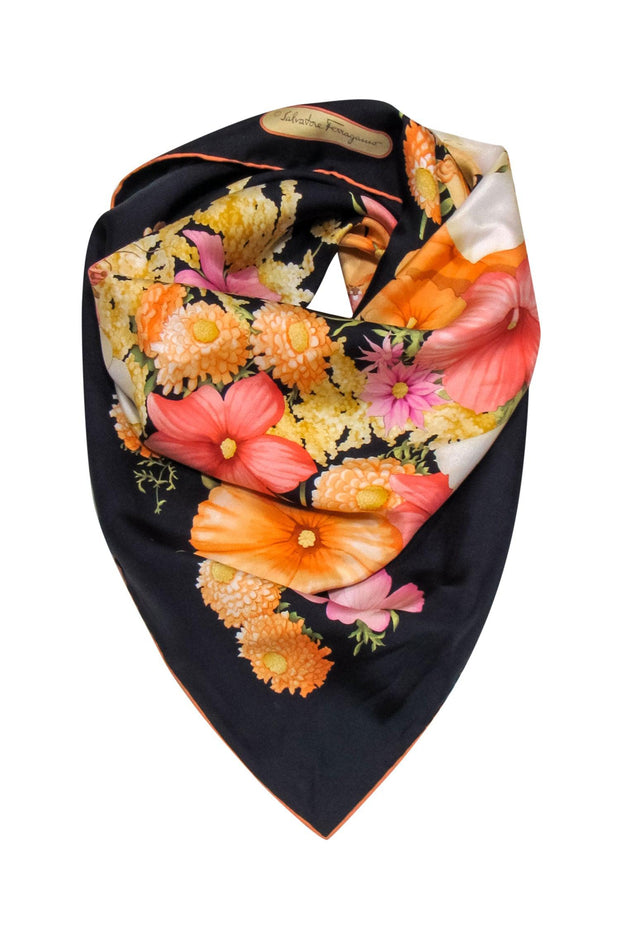 Current Boutique-Ferragamo - Peach, Pink, Yellow & Black Floral Print Silk Scarf