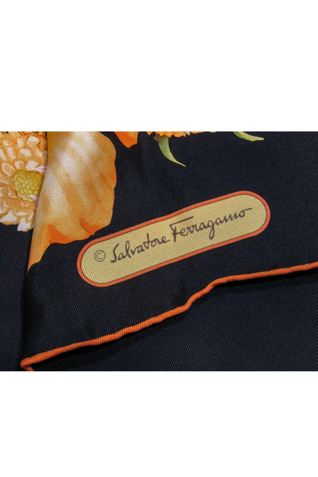 Current Boutique-Ferragamo - Peach, Pink, Yellow & Black Floral Print Silk Scarf