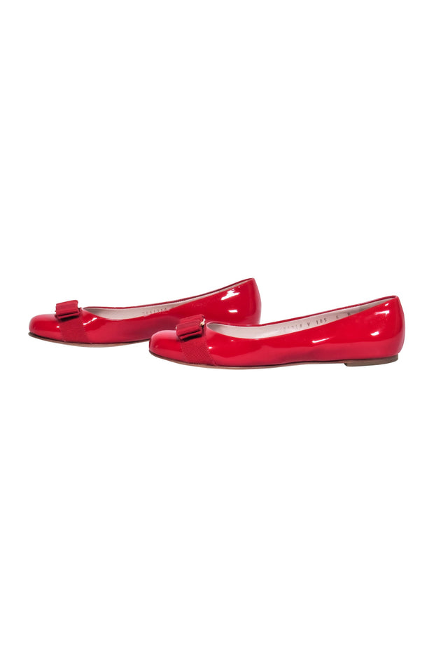 Current Boutique-Ferragamo - Red Patent Leather Ballet Flats w/ Bow Accent Sz 6