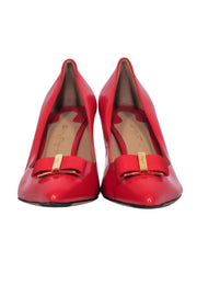 Current Boutique-Ferragamo - Red Shiny Leather "Erice" Pointed Toe Bow Pumps Sz 9.5