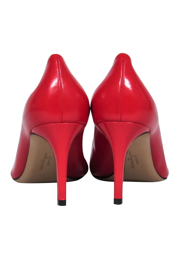 Current Boutique-Ferragamo - Red Shiny Leather "Erice" Pointed Toe Bow Pumps Sz 9.5