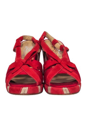 Current Boutique-Ferragamo - Red Suede Open Toe Strappy Slingback Wedges w/ Pattern Heels Sz 9
