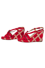 Current Boutique-Ferragamo - Red Suede Open Toe Strappy Slingback Wedges w/ Pattern Heels Sz 9
