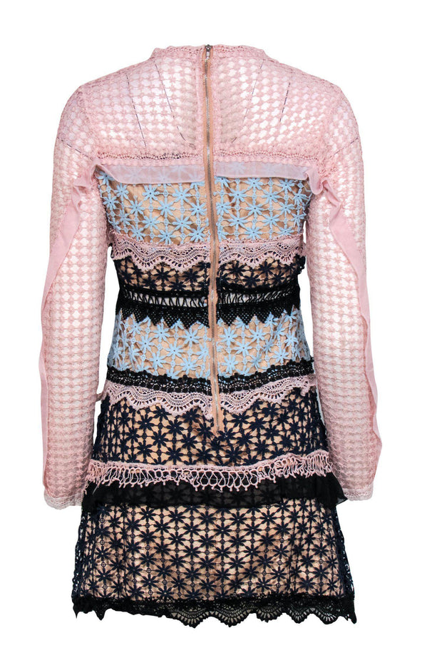 Current Boutique-Few Moda - Pink, Blue & Black Floral Lace Colorblocked Sheath Dress Sz M