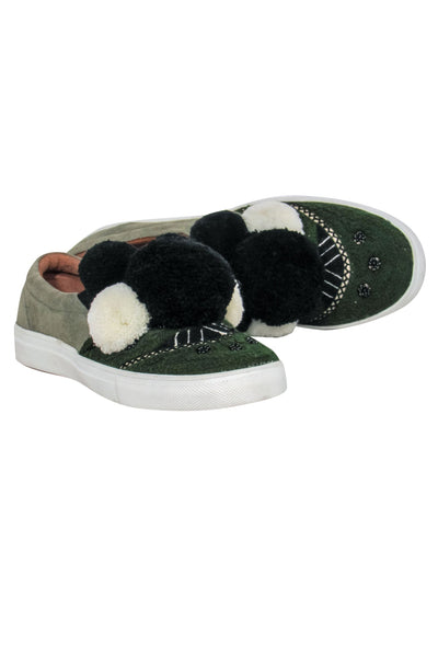 Current Boutique-Figue - Olive Green Suede Slip-on Sneakers w/ Pom-Poms Sz 9.5