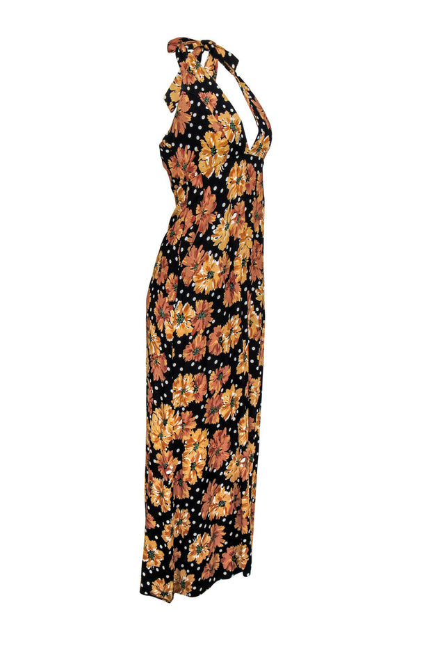 Current Boutique-Flynn Skye - Black Polka Dot & Sunflower Print Halter Maxi Dress Sz M